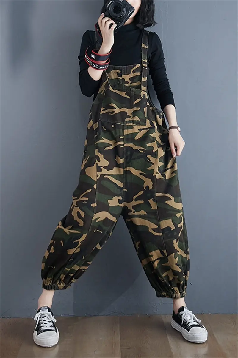 

Camouflage Bib Jumpsuit Women's Spring Autumn High Waist Slim Suspenders Overall Nine-point Pants Casual Big Size Clothing K1299