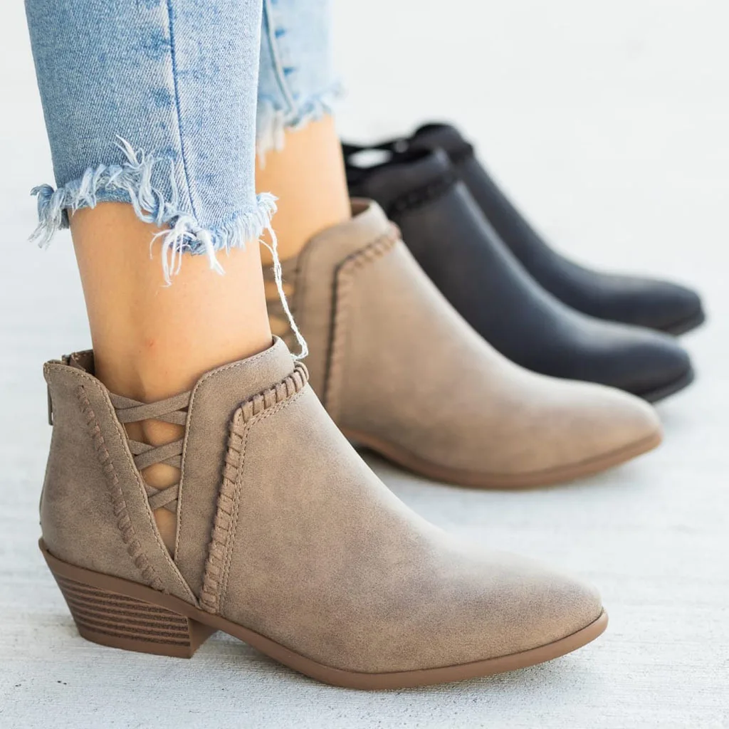 

Women Boots Winter V Cutout Ankle Boots Pointed Toe Weave Booties Fahsion Chelsea Boots PU Leather Boots Plus Size 35-43