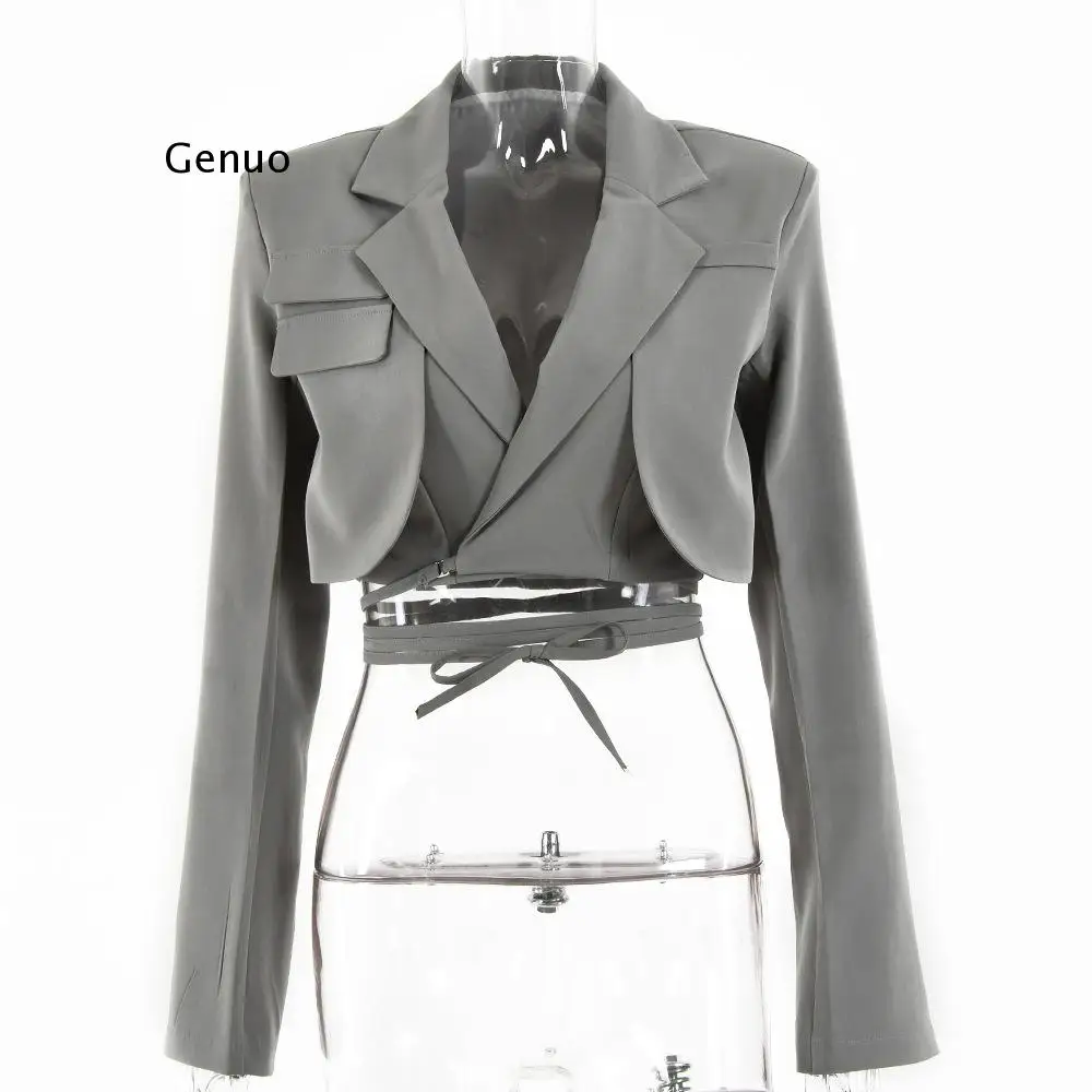 

Gray Double Layer Bandage Slim Blazer Women Long Sleeve Pocket Short Jacket Female Notched Collar Outwear Tops 2021 New