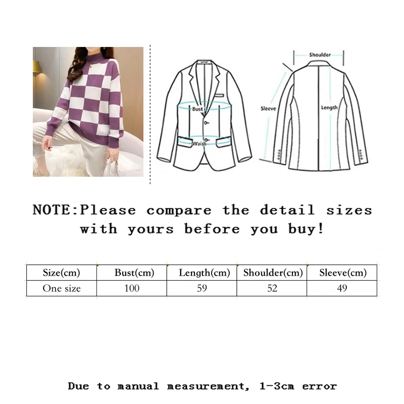 

Sllsky Lattice color matching Women's Sweater Autumn Pullovers Half High Collar Loose Casual Long Sleeve Knitting Sweater Tops