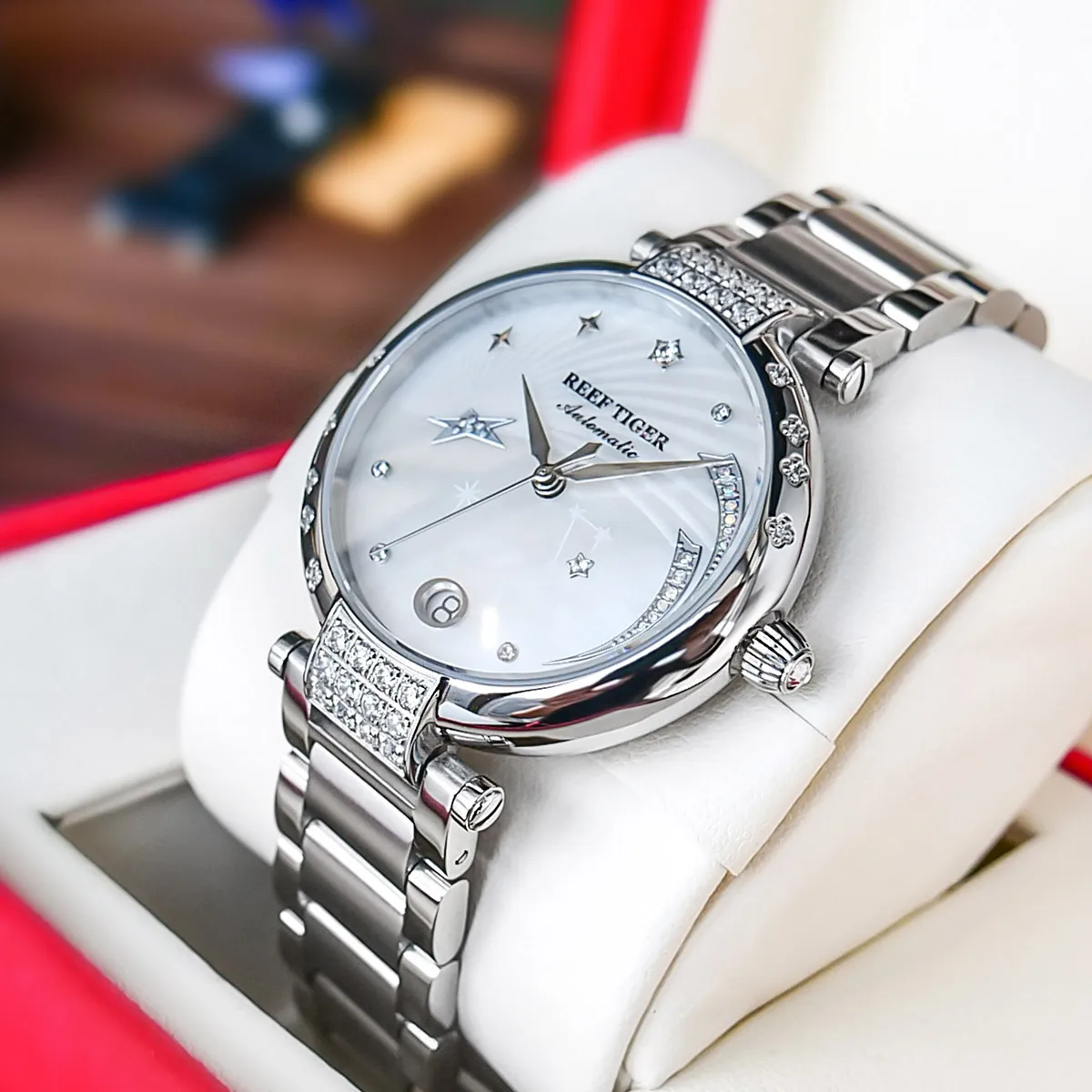 Reef Tiger/RT Top Brand Luxury Women Watch Ceramic Bracelet Diamond Automatic Mechanical Shell Watches Clock RGA1592 enlarge