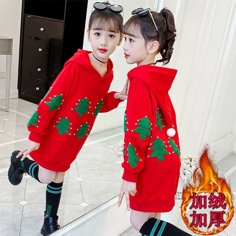 Girls&#39; Hoodies Sweatshirts Kids Underwear 2021 Red Plus Velvet Thicken Warm Winter Autumn Cotton Tops Fleece Children&#39;s Clothing
