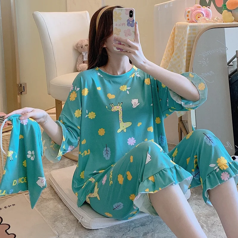 

New Ruffled Pajamas Women's Suit Summer Ladies Casual Cartoon Cute Home Clothes Send Storage Bag Sleepwear Women
