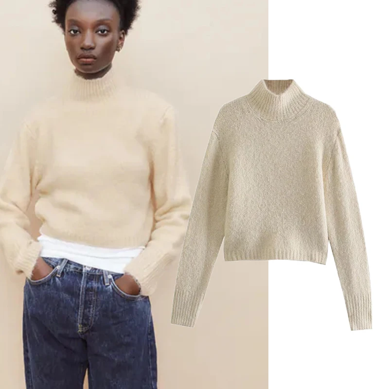 

Женский однотонный вязаный пуловер ZA, мягкие топы с высоким воротником и длинным рукавом, теплый Свободный Повседневный свитер, Осень-зима ...