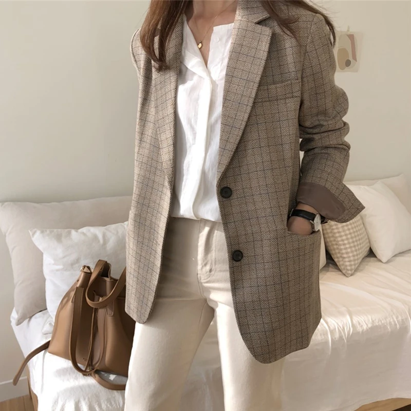 BGTEEVER винтажный клетчатый однобортный Женский блейзер с зубчатым воротником