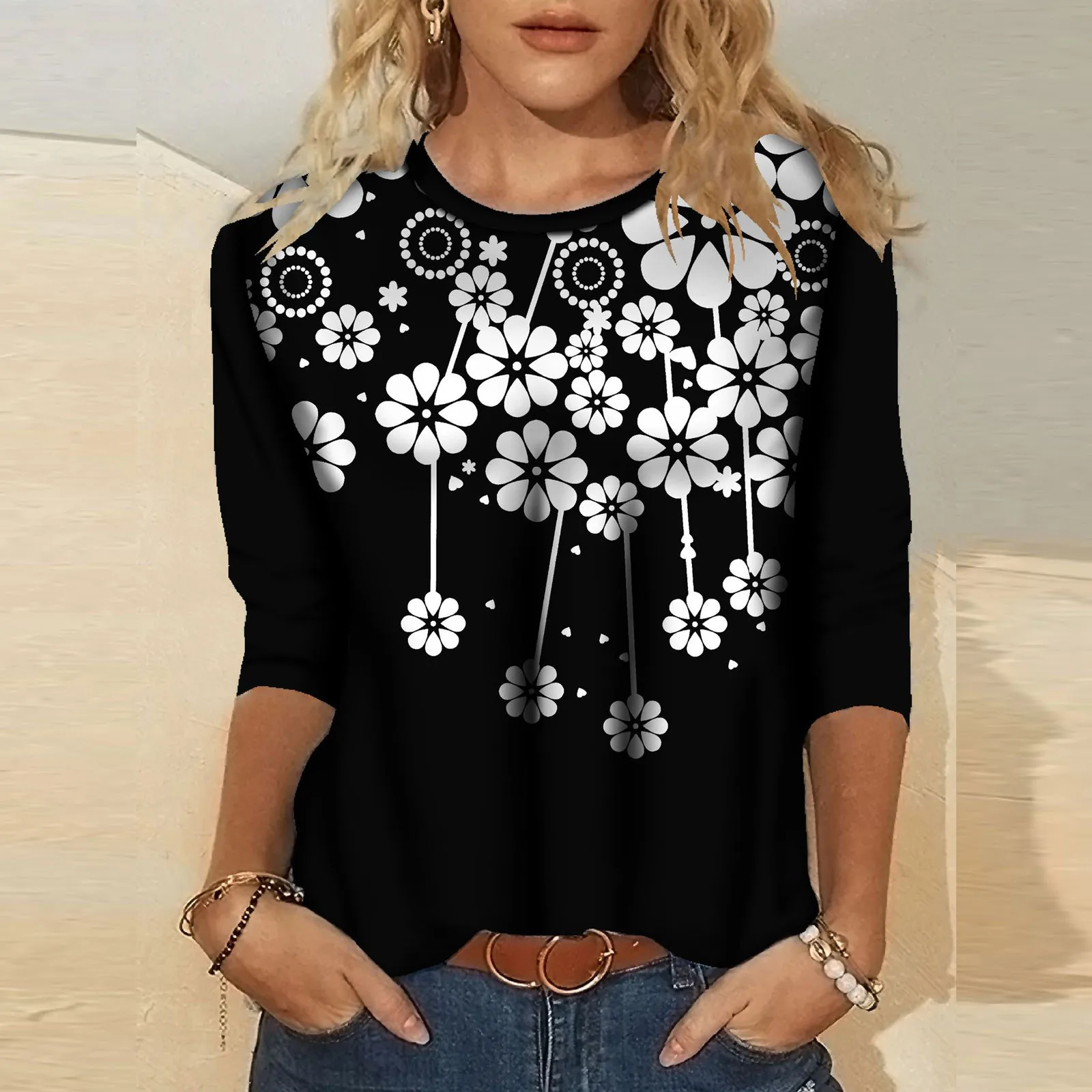

Sexy Round Neck Personalized Print T Shirt Women 2021 Trendy Clothes Casual Ladies Tops Long Sleeves Tee Shirts 810#Q