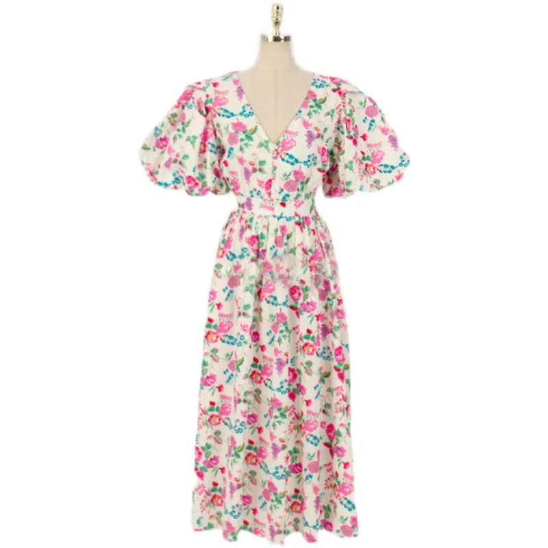 

Floral Print Summer Long Maxi Dress Women V-Neck Puff Sleeve Party Dress Vintage High Waist Korean Pink Cotton Loose 2021 C341