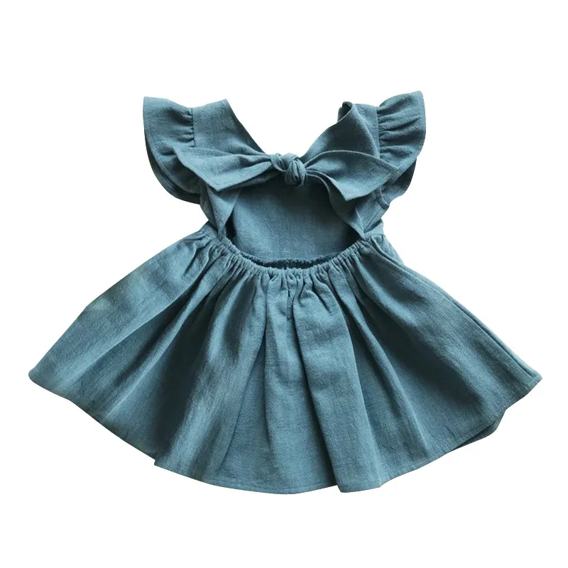 

New Girls Dress Baby Cotton Linen Solid Color Children's Dress Bow Princess Dress European American Children's Wear KF1066