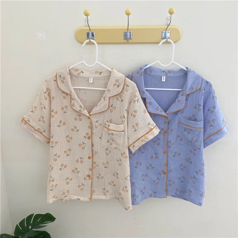 

CBAFU soft crepe cotton pajama set women homewear summer 2 piece set pyjamas short sleeve top shorts cherry sleepwear suit M654