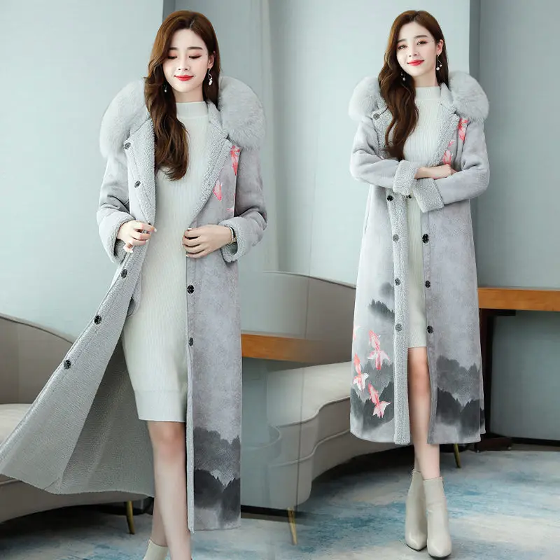 

Lamb Wool Coat Women Plus Velvet Thickening Winter 2020 New Korean Mid-length Over-the-knee Fur Coat Hooded Print Overcoat y062