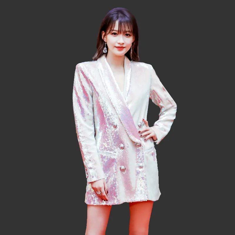 Женское двубортное пальто с длинным рукавом градиентный блейзер блестками Белый