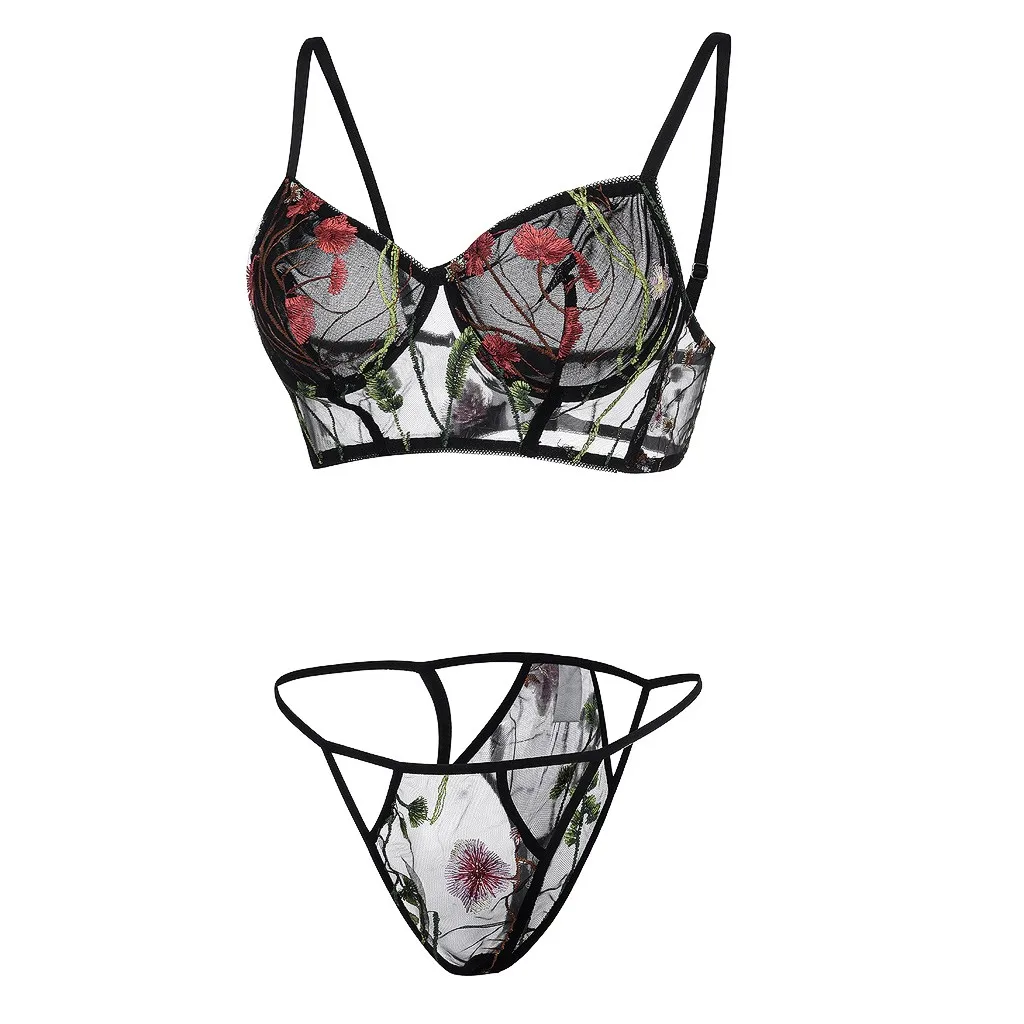 

2pc Women Sexy Lingerie Embroider Bra +thong Lingerie Sets Underwear G-string Lace Babydoll Nightwear Underwear Bra Brief Sets 2