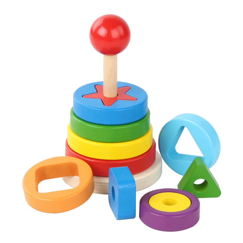 Torre de madera Han&oacute;i para ni&ntilde;os, juguete de apilamiento de arco&iacute;ris, bloques a juego para Aprendizaje de beb&eacute;, educaci&oacute;n, Color de juguete cognitivo-4