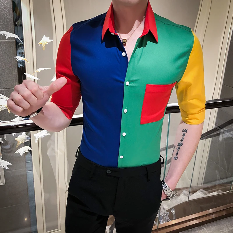 Корейская Летняя мужская рубашка с коротким рукавом модная разноцветная уличная