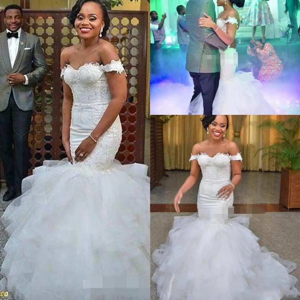 

Africa Off the Shoulder Mermaid Wedding Dresses Elegant Applique Ruffles Chapel Train Tulle Lace Up Custom Made Bridal Gowns