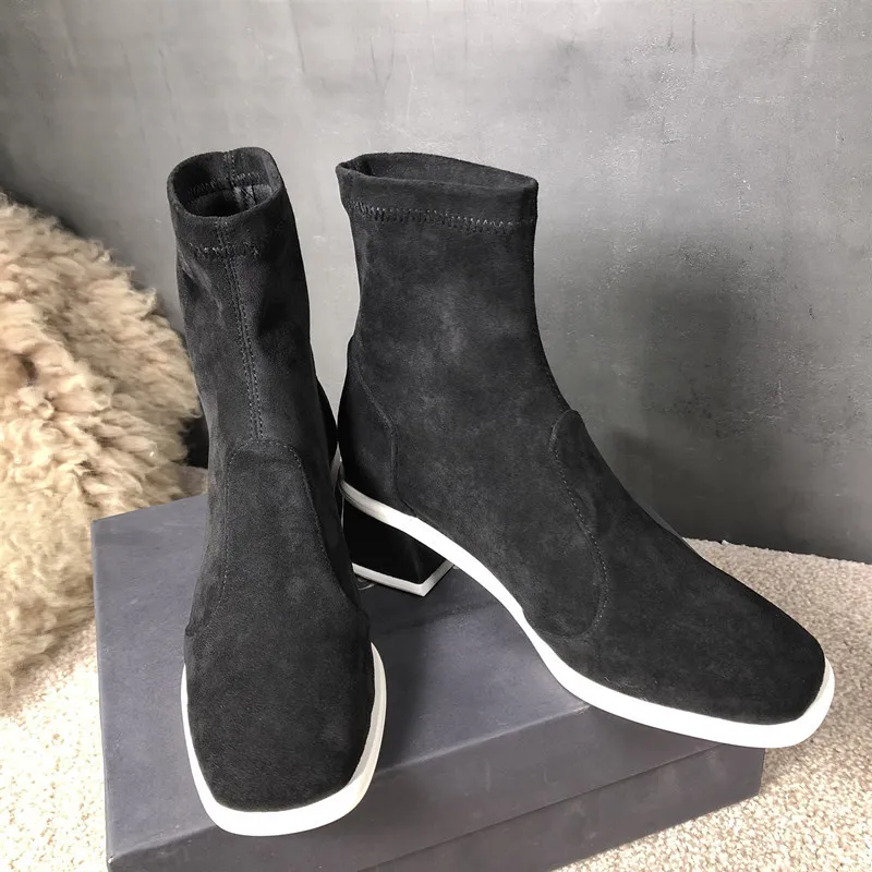 Fall Winter Shoes Woman 2019 Brand Ankle Boots Black Leather Square Heel Short Plush Slip On Women Chelsea кроссовки | Обувь