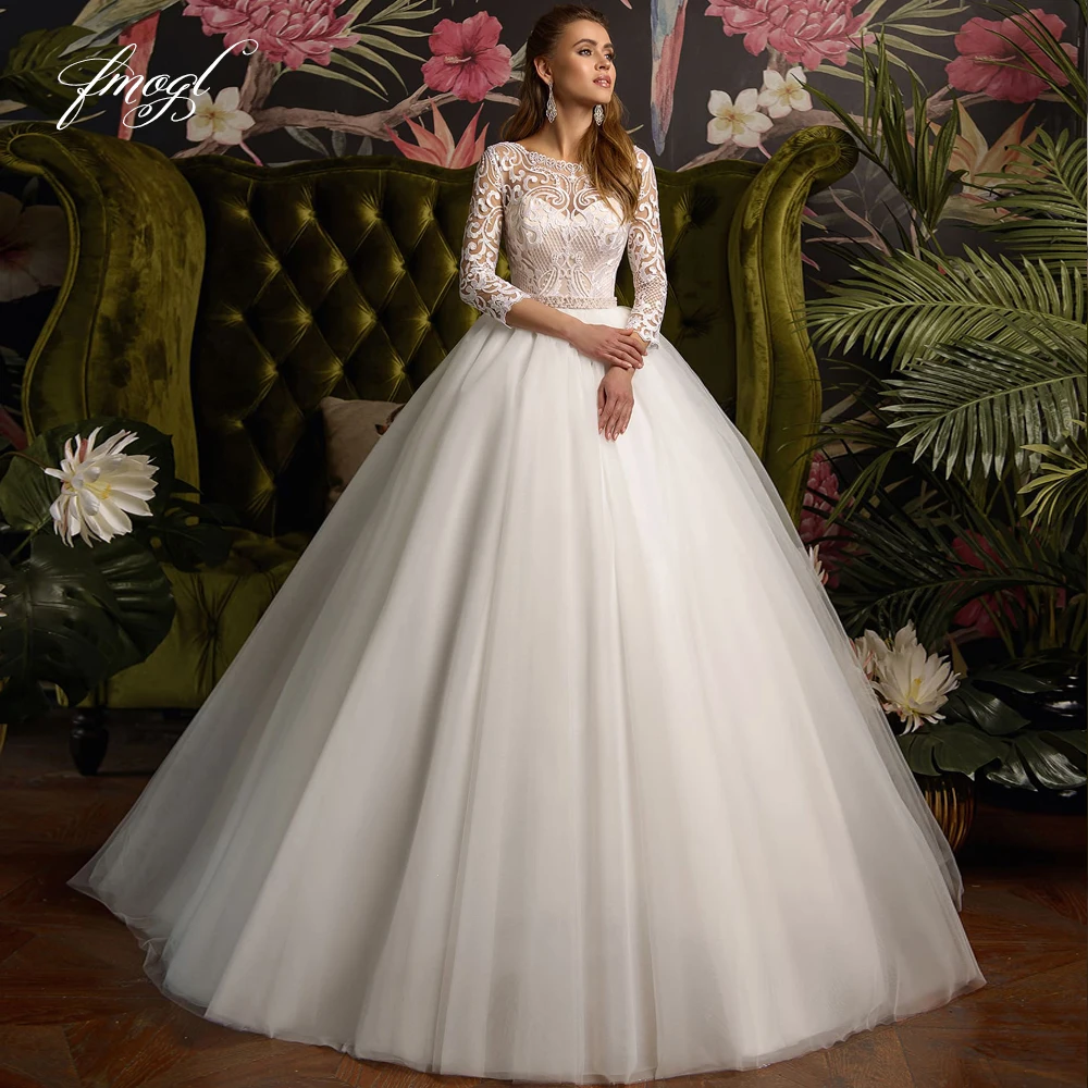 Fmogl сексуальные кружевные свадебные платья а силуэта с рукавом три четверти 2019