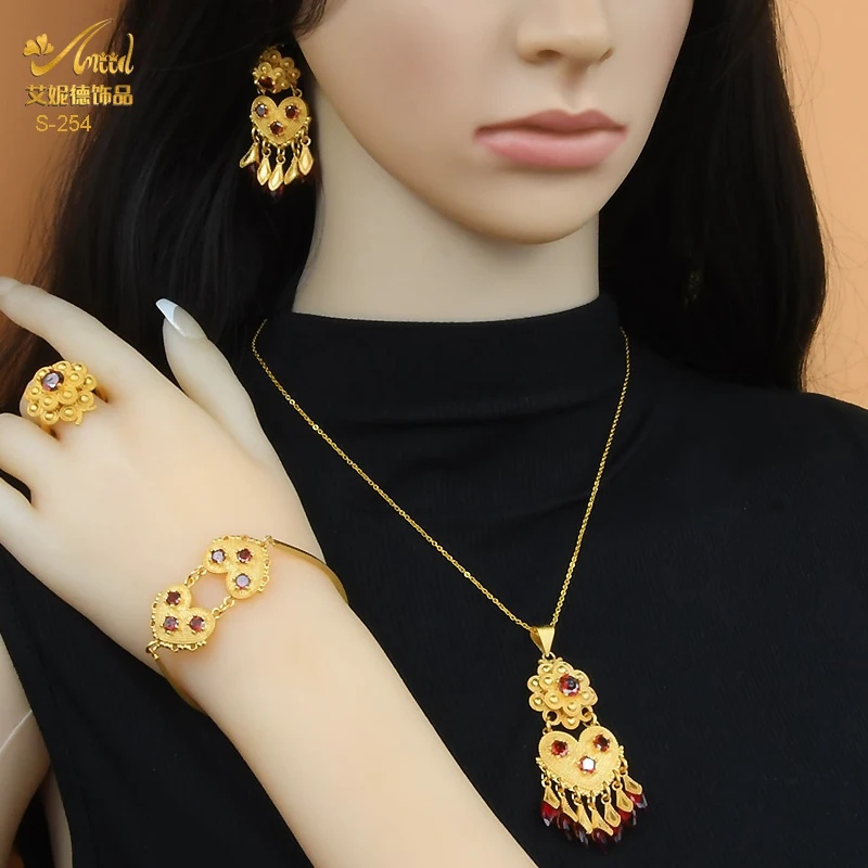 

Nigerian Ethiopian Gold Jewelry Sets 24K Pendant Necklace Earring Ring Dubai Gifts For Women African Eritrea Wedding Bridal Set