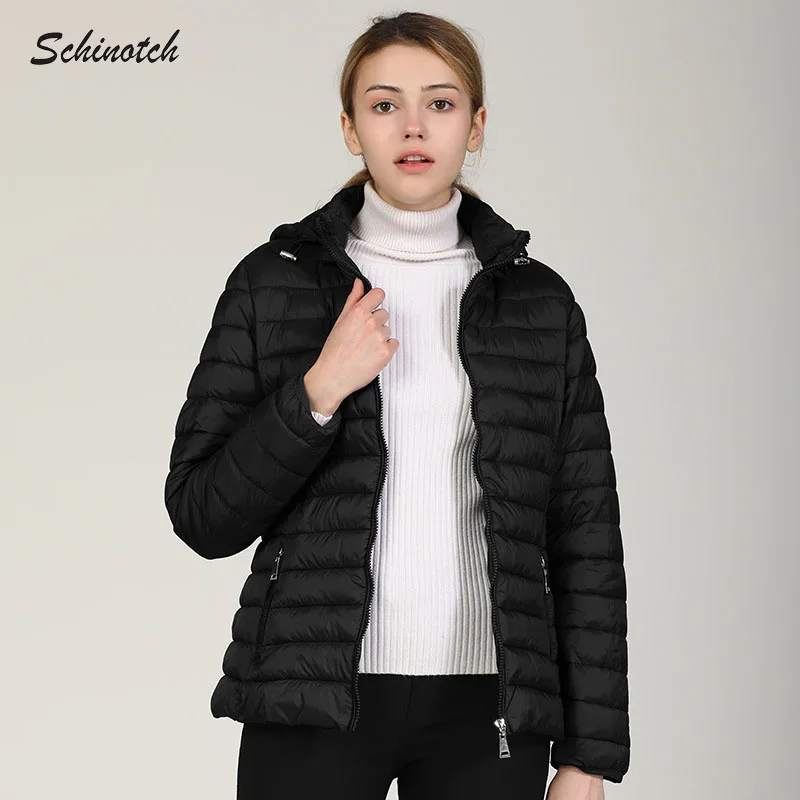 Schinotch Women Padded Jacket Thick Winter Warm Hooded Coat Solid Color Outwear Light Weight Parka Ladies Clothes