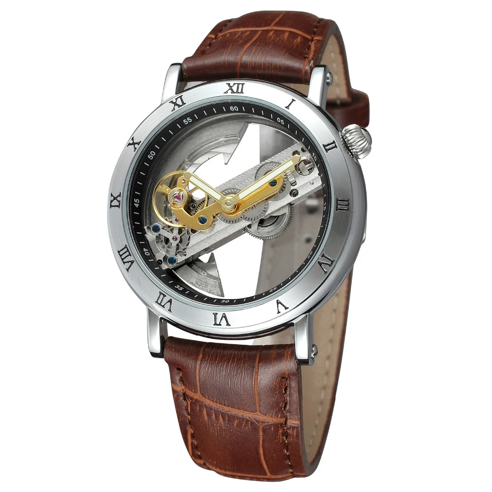 

BOLYTE Fashion Men Transparent Design Mechanical Watch Automatic Round Dial Golden Gear Skeleton Leather Strap Belts Clock Saati