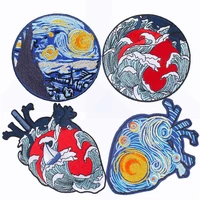 1 pc 3d embroidery heart shaped pathes round type iron on patch famous painting starry night diy sewing waves badge for clothes