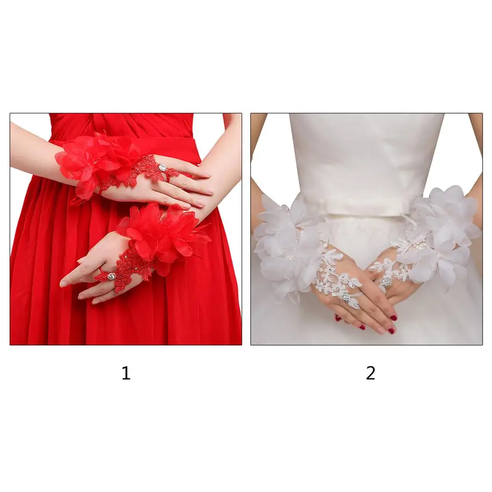 

Embroidery Lace Fingerless Gloves Flower Rhinestone Wedding Bridal Short Mittens