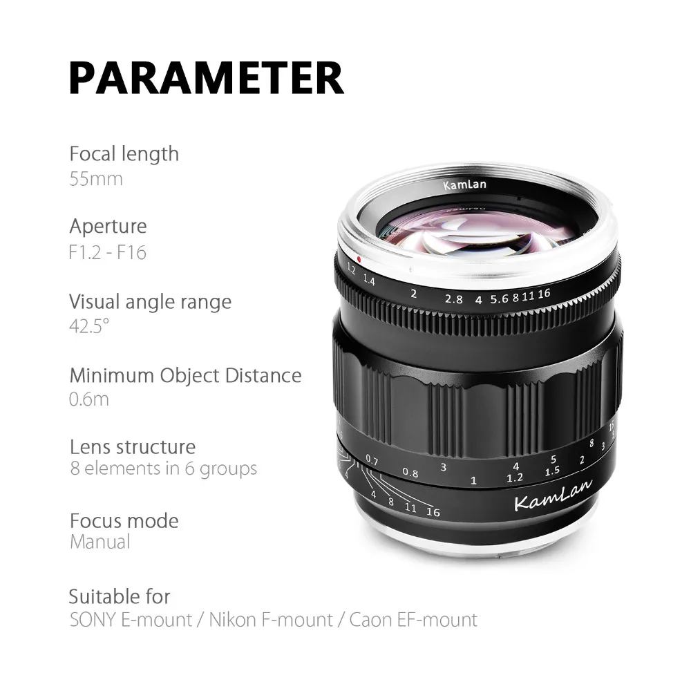 Kamlan 55 мм f1.2 Большая диафрагма ручной фокус Prime фиксированные линзы полная Рамка для sony для Canon для Nikon