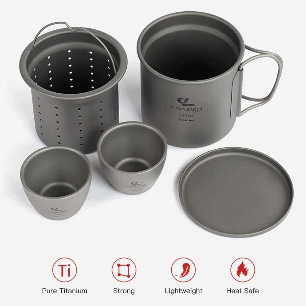 

4pcs Titanium Tea Sets 330ml Water Cup Mug with 2 Mini Tea Cups Portable Outdoor Tea Cup for Home Camping Kit