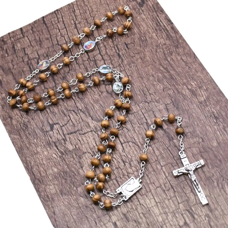 

Handmade Round Wood Rosary Beads Cross Religious Jesus Necklace Christian Men Women Jewelry Charms