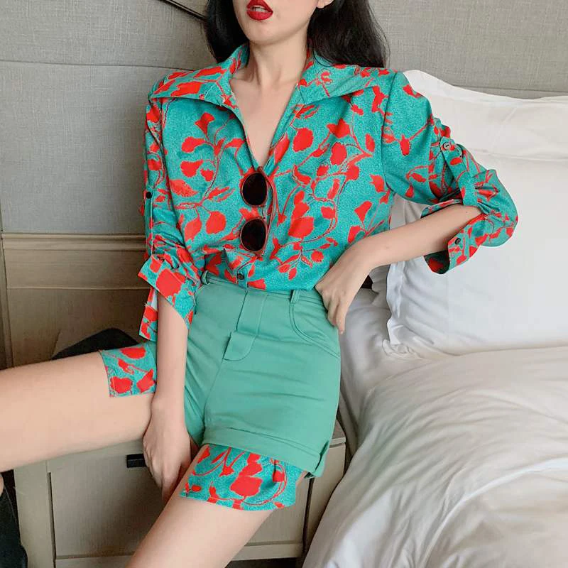 

two-piece Sets Women Autumn irregular Lapel Print Long Sleeve Shirt And High Waist Wide leg Denim Shorts Suits For Women
