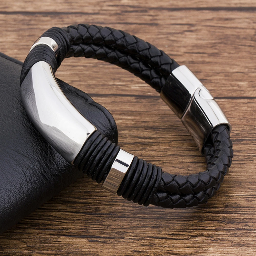 Новый модный Плетеный Черный Браслет из натуральной кожи нержавеющей стали