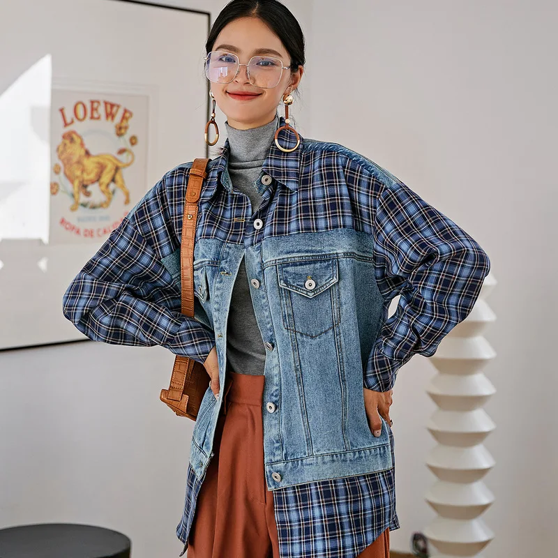 2019 shallgar autumn new dress one undertakes to preach tao lattice spelling a denim jacket | Женская одежда