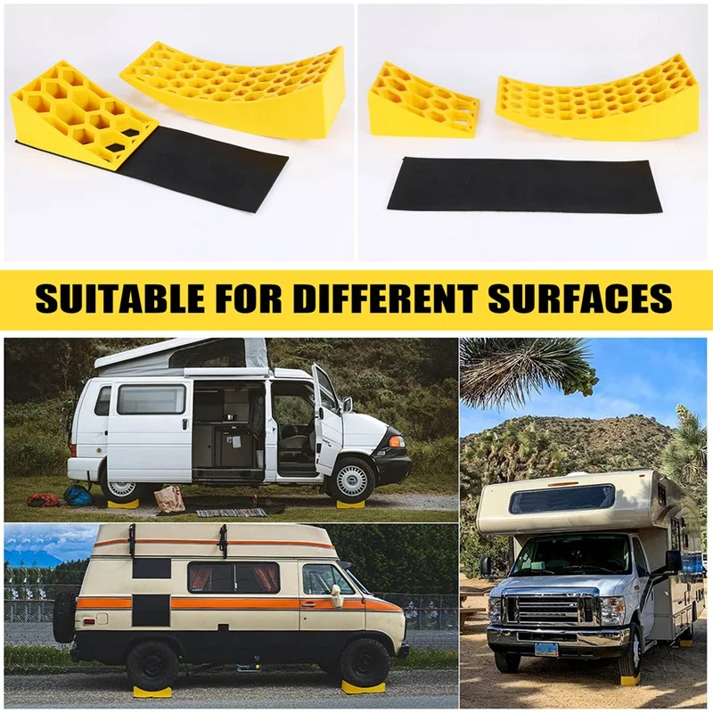 

2 Pack Camper Leveler, RV Caravan Heavy Duty Leveling Blocks Includes 2 Curved Levelers, 2 Chocks, 2 Rubber Grip Mats
