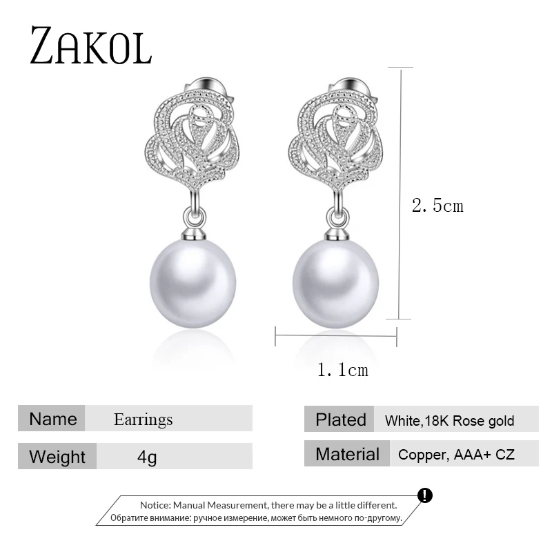 ZAKOL Fashion Flower Simulated Pearl Wedding Earrings Zircon Jewelry for Women Bride Boucles D'oreilles Bijoux FSEP2535 | Украшения и