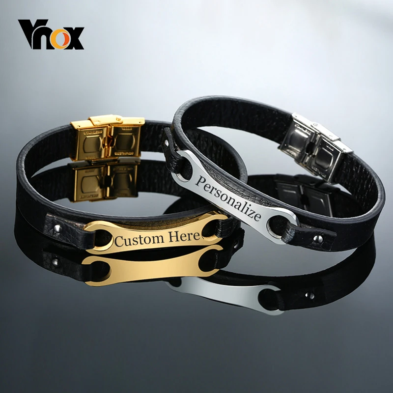 Vnox мужские повседневные Черные кожаные браслеты персонализированная гравировка