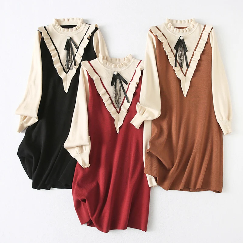 

Женское трикотажное платье с длинным рукавом, повседневное кружевное платье с оборками на воротнике, с бантом, Осень-зима U311