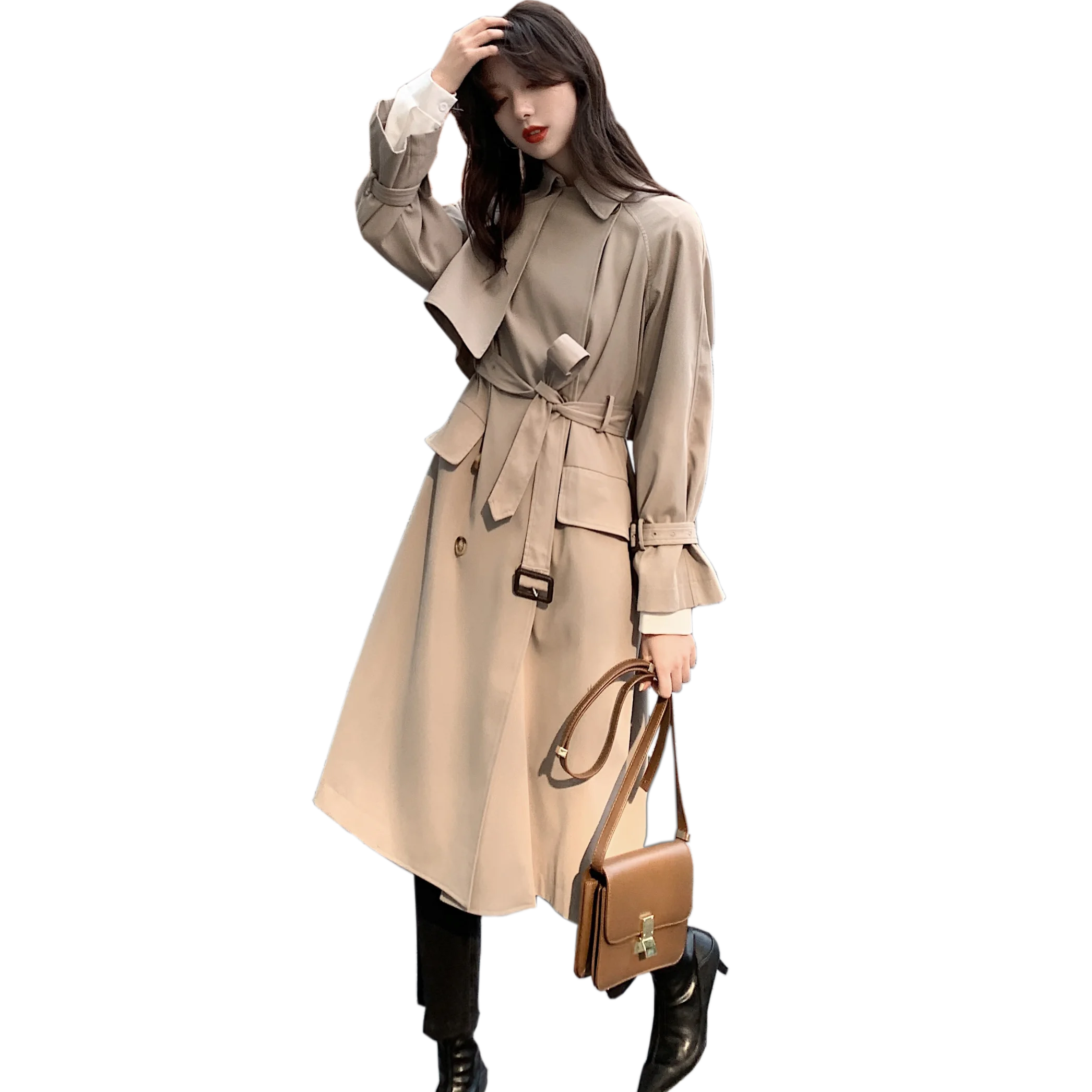 

Jacket autumn women's double-breasted mid-length with belt over the knee windbreaker fashion coat