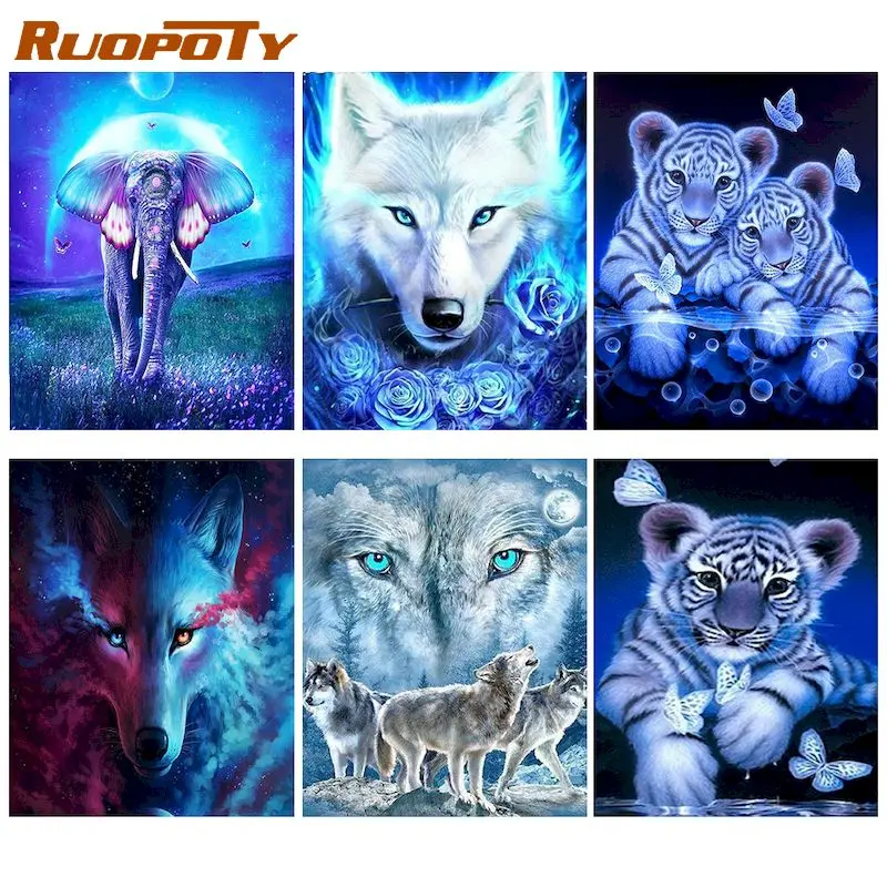 

RUOPOTY 5D DIY Diamond Painting Wolf Animals Full Square/Round Diamond Embroidery Cross Stitch Mosaic Pattern Home Decor