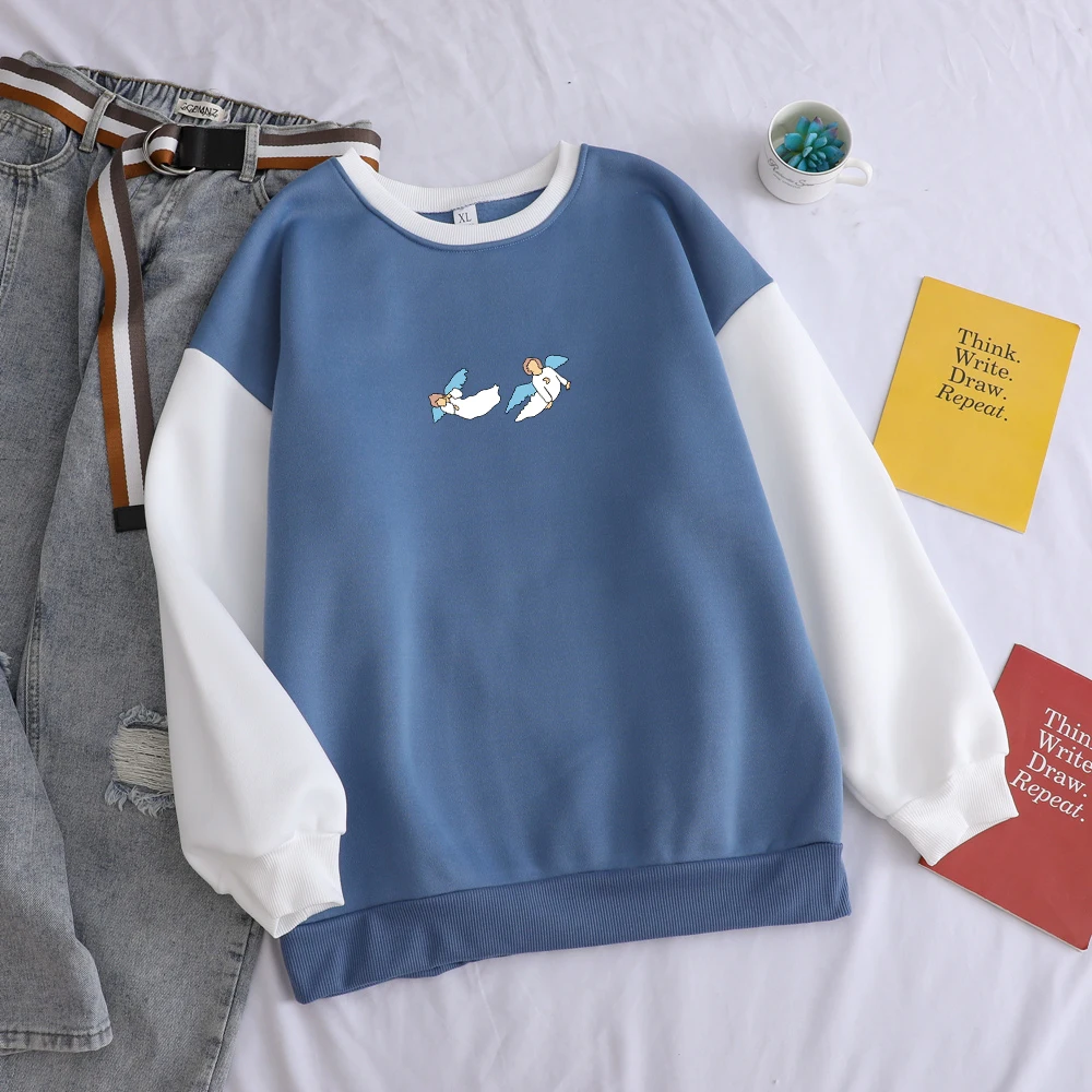 

Best Quality Women Sweatshirts Thicken Fashion Harajuku Pullover Angels Flying Print Cotton Loose Casual Patchwork Streetwear