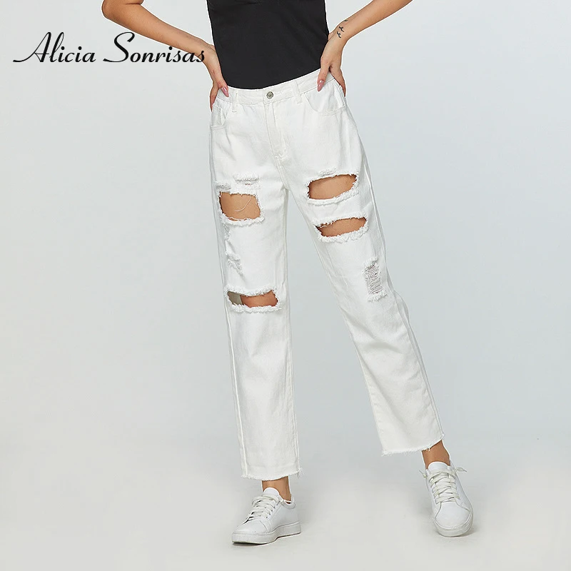 Женские рваные джинсовые брюки повседневные белые свободные с дырками прямые
