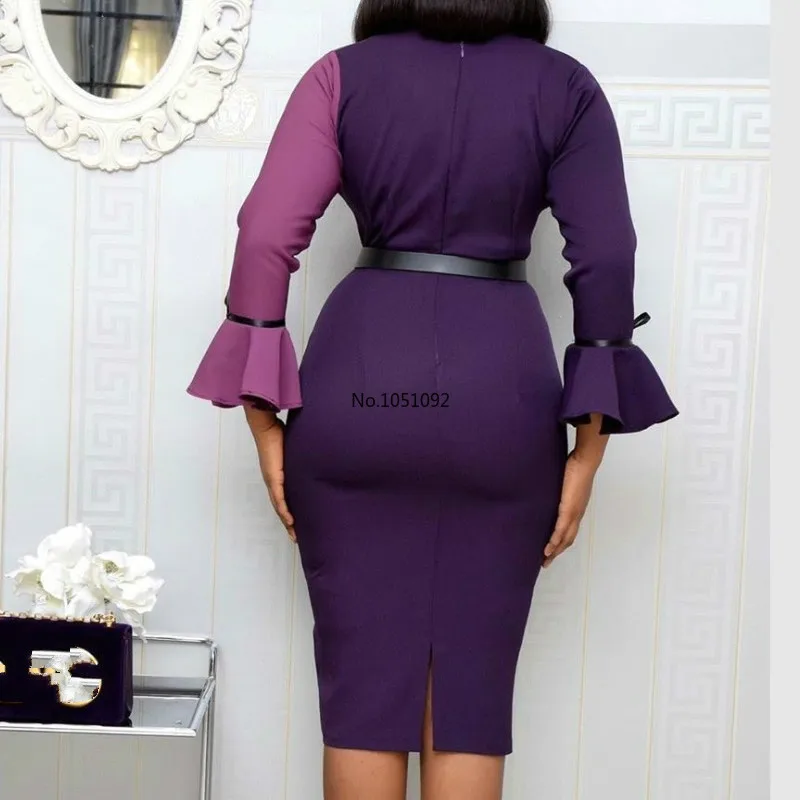 Хит размера плюс лоскутное офисное сексуальное платье миди с длинным рукавом и