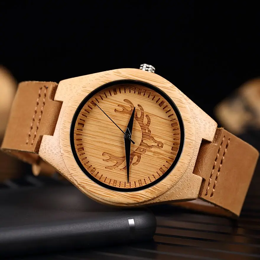 Часы наручные мужские с деревянным ремешком ВИНТАЖНЫЕ КВАРЦЕВЫЕ рисунком оленя