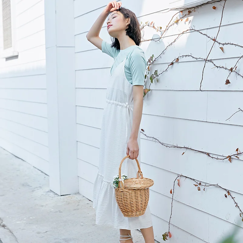 

SEMIR Summer New Suit Dress Women 2021 O Neck Pullover Elastic Short Sleeve T-Shirts Sweet Waist Suspender Dress Clothes Set