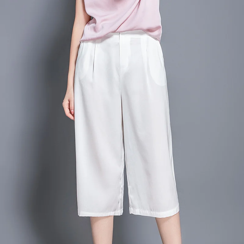 Elastic satin 19 momme mulberry silk elastic waist calf-length pants women's casual loose wide leg pants summer 20106