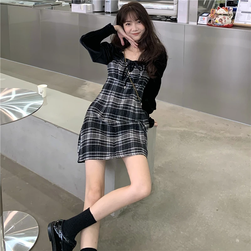 Клетчатое платье женское мини-платье тонкое сексуальное хипстерское Бандажное