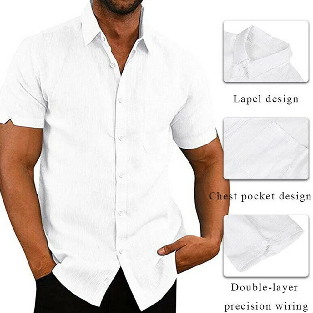 Casual Men Solid Color Turn Down Collar Short Sleeve Pocket Buttons Slim Shirt skin-friendly and soft perfect gift for Christmas | Мужская