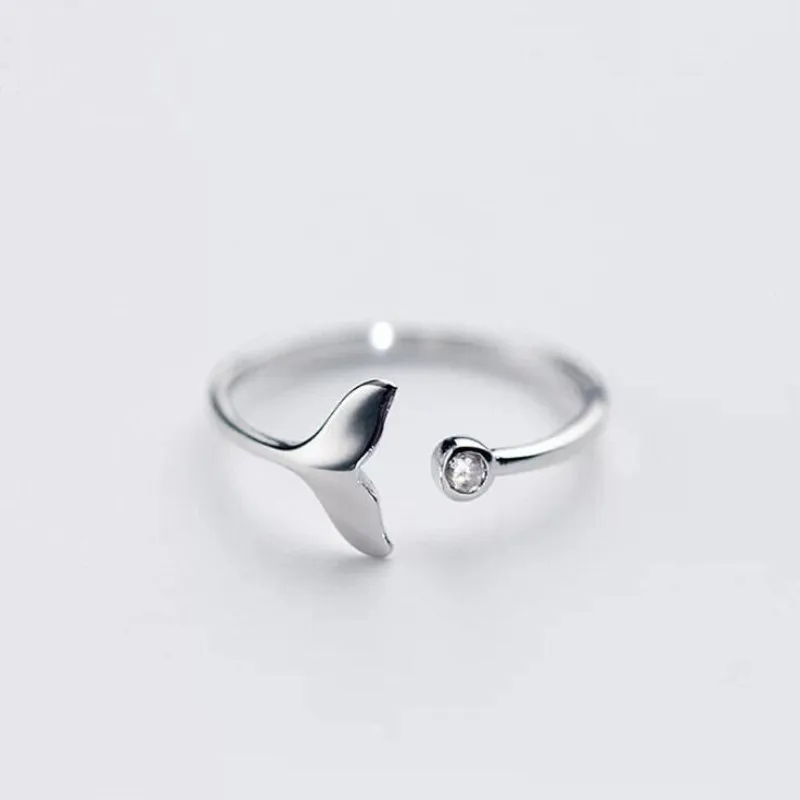 

New Arrival Personality Beautiful 925 Sterling Silver Jewelry Fishtail Fish Wave Crystal Opening Rings