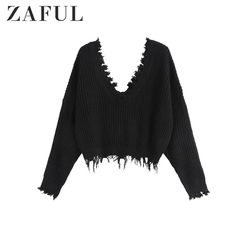 ZAFUL Original Frayed Solid Cropped Knit Oversized Pullover Casual N-Neck Short Pull Crop Ladies Tops Sweters Women Invierno |