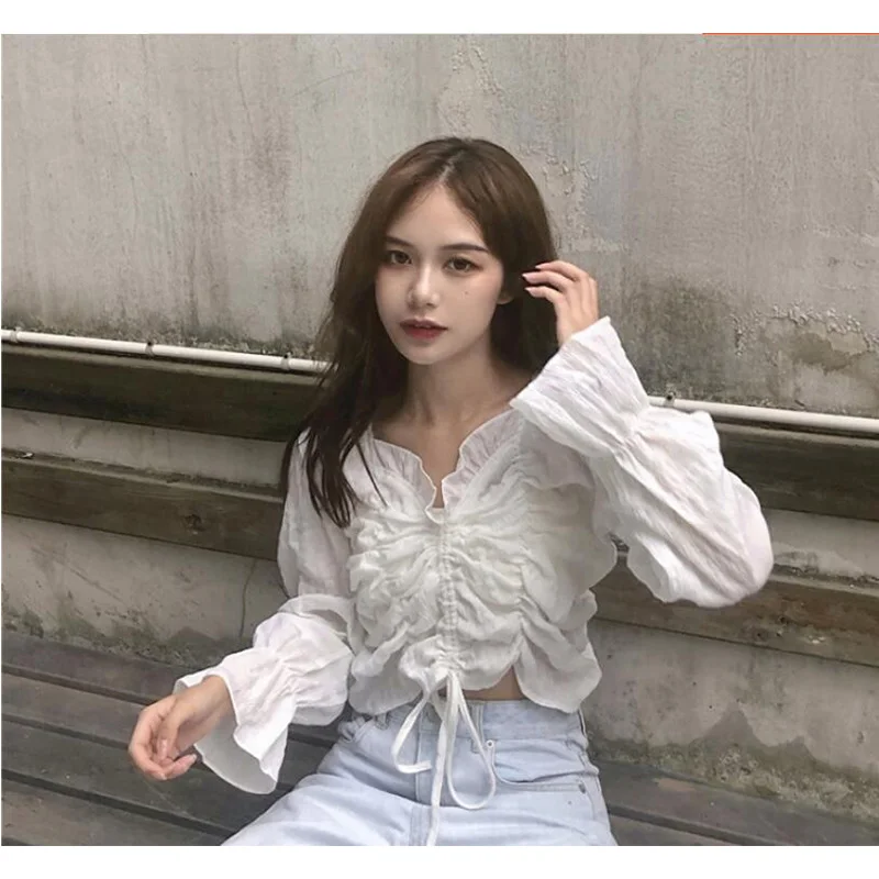 Женские блузки на весну и лето белая рубашка с буфами рукавах рюшами завязках