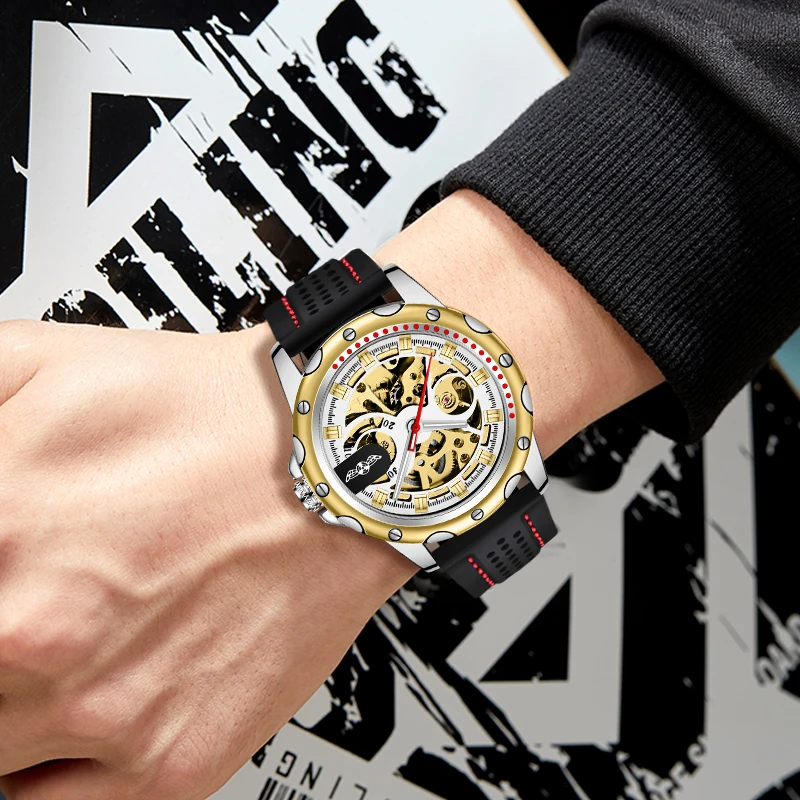 

Forsining 2021 Royal Skeleton Design Mens Golden Transparent Open Work Leather Automatic Mechanical Wristwatch Top Brand Luxury